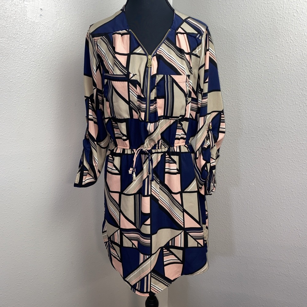 J For Justify Dress Women's Large Multicolor Geometric Zip Front Roll Tab Sleeve